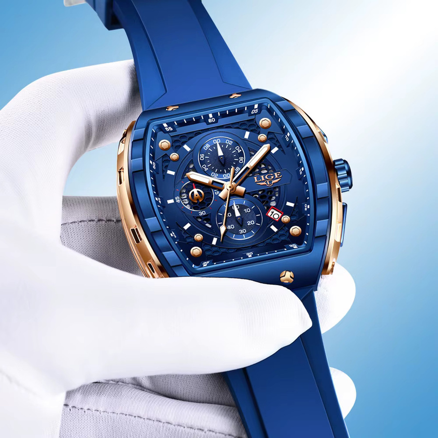 LIGE Chronograph Armbanduhr, Quarz, eckig, Silikon, Blau, Herren - Bild 4