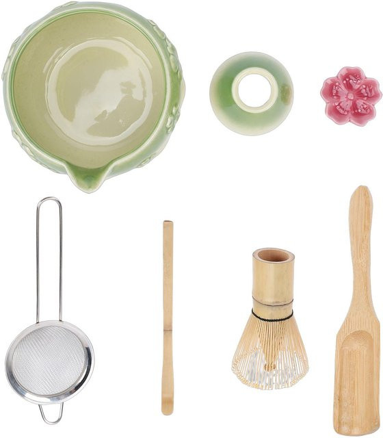Koogeelife 7-teiliges Matcha-Tee-Zubereitungsset aus grüner Keramik mit Schneebesen, Schale, Löffel und Sieb - Bild 1