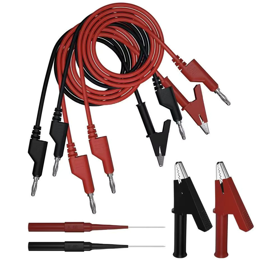 8-teiliger Multimeter-Messleitungssatz in Schwarz mit 4 mm stapelbaren Bananen-Doppelverbindern, Krokodilklemmenkabeln und Prüfspitzen - Bild 1