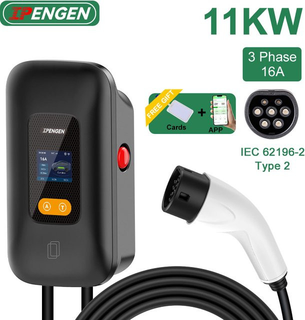IPENGEN EV Ladestation Typ2 11KW 16A 3Phasen Elektroauto Wallbox mit WIFI APP Steuerung in Schwarz - Bild 1