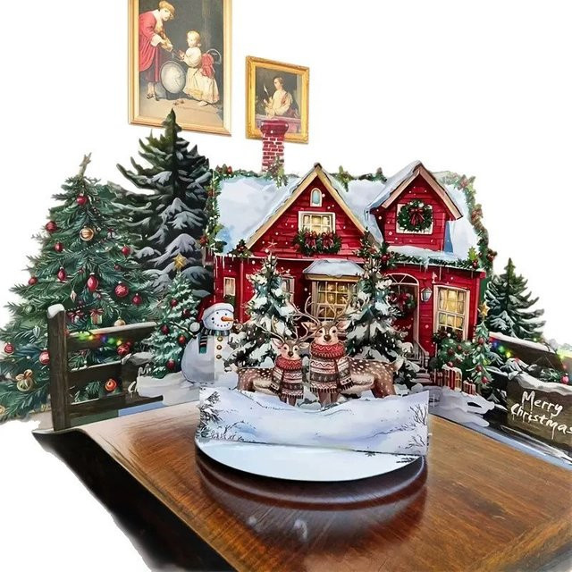 1 Set 3D-Weihnachtskarten Night Before Christmas mit Weihnachtsmann, Rentier und verschneitem Dorf in Mehrfarbig - Bild 1