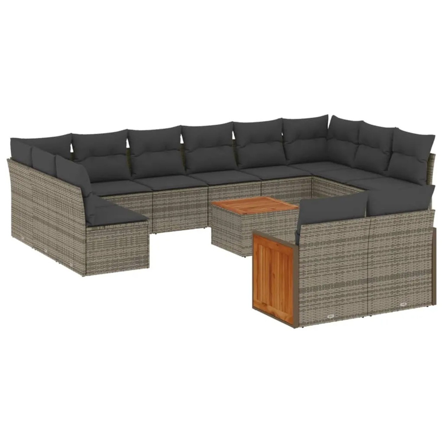 vidaXL 13-teilige Garten-Sofagarnitur aus Poly Rattan und Akazienholz in Grau mit Kissen - Bild 2