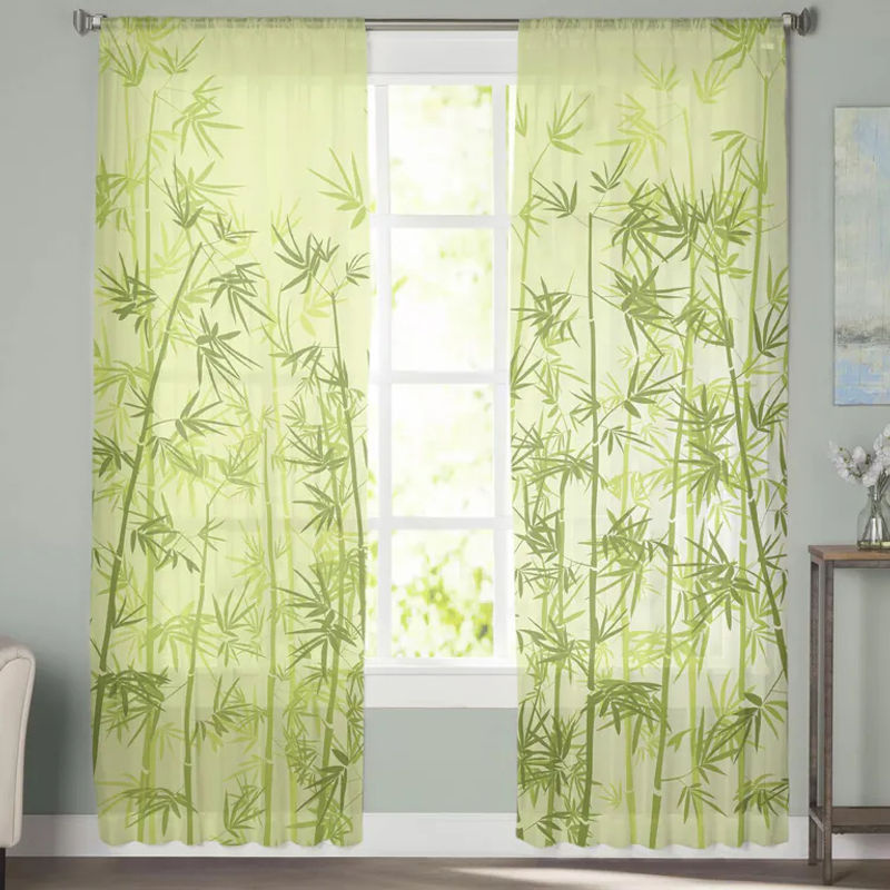 A Family Of Home Textiles Transparente Tüll-Vorhänge mit grünem Bambusblatt-Design, 2er-Set, Farbe: Grün/Transparent, Breite: 135 cm, Höhe: 114 cm - Bild 3