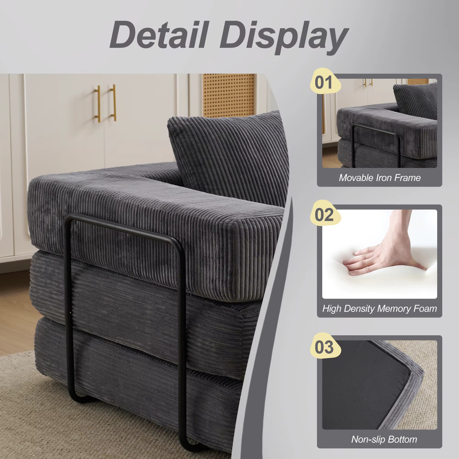 4-in-1 Klappbares Cord-Schlafsofa als Umwandelbares Bodensofa und Gästebett mit Hochdichtem Schaumstoff in Beige oder Grau - Bild 4