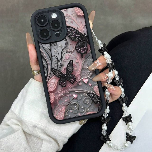 Schwarze Handyhülle mit Schmetterlingsmuster und Schmetterlings-Charm für Apple iPhone Modelle - Bild 1