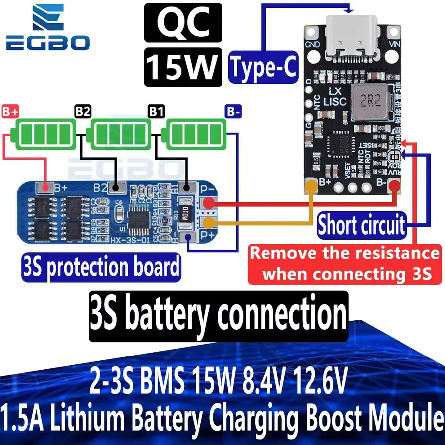 EGBO Lithium-Batterie-Lade-Boost-Modul mit Typ-C Anschluss, 15 W Schnelllademodul mit Anzeige für 2S und 3S, Schwarz - Bild 2