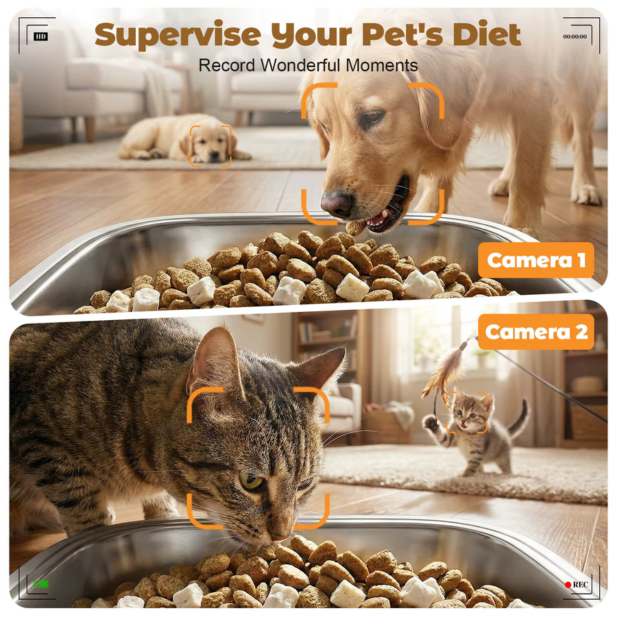 ELEOPTION Automatischer Katzenfutterautomat mit Doppelbehälter, WLAN Smart Pet Feeder mit 1080P HD Nachtsichtkamera und Tuya App-Steuerung, Weiß, 6 l - Bild 3