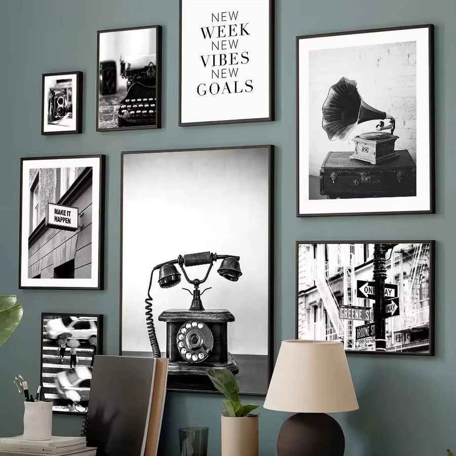 Potdemiel Wandkunst Leinwand Poster im Retro-Stil mit Kamera, Grammophon und Telefon in Schwarz-Weiß - Bild 2