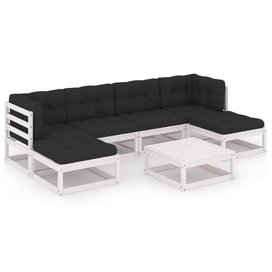 vidaXL 7-tlg Garten-Lounge-Set aus Kiefer Massivholz in Weiß mit Kissen und L-Form - Bild 2