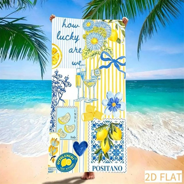 JMG Household Supplies Positano Zitrone Kunst Strandtuch mit Blumen Collage aus Mikrofaser, Sandfrei und Schnelltrocknend, Multicolour, B/H: 50 x 100 cm - Bild 1