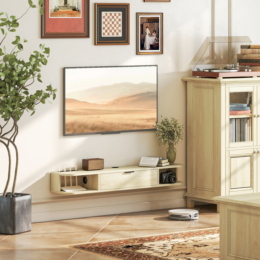 HOMCOM Wandhängendes TV-Möbel in Naturholz mit Klappschublade und 2 offenen Regalen, Modernes Design für Fernseher bis 127 cm, B/H/T: 120 x 24 x 16 cm - Bild 2