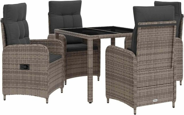 vidaXL Outdoortisch-Set aus Polyrattan mit Glasplatte in Grau, 5-teiliges Gartenmöbel-Set, B/T/H: 90 x 90 x 75 cm - Bild 1