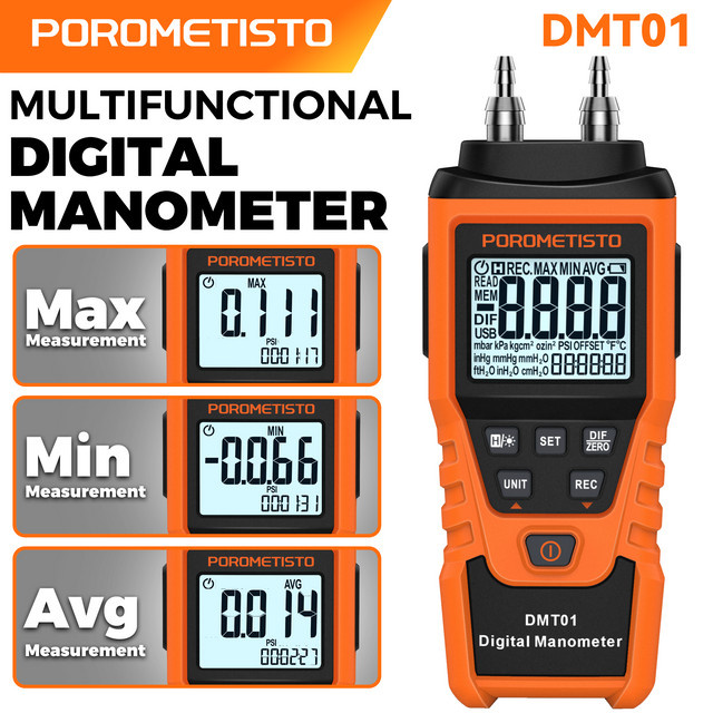 DMT01 Digitales Manometer Druckmessgerät in Orange mit 12 Druckeinheiten als Differenzdruck-Detektor und Luftdruckmesser - Bild 1