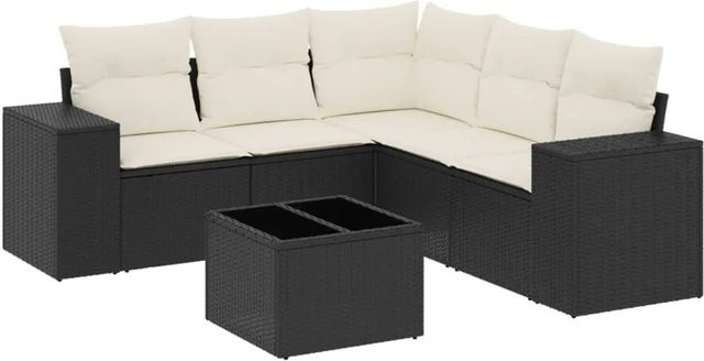 vidaXL 6-tlg. Garten-Sofagarnitur in L-Form aus schwarzem Poly-Rattan mit Kissen und pulverbeschichtetem Stahlgestell - Bild 1