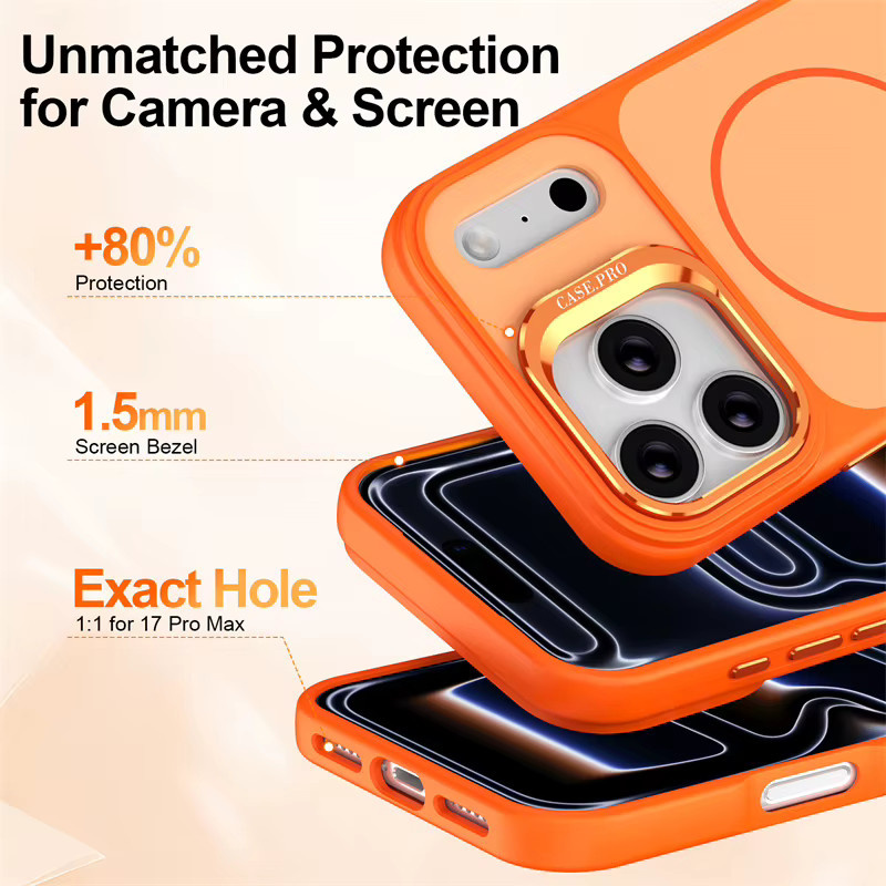 Magnetische MagSafe Kamera Ring Halterung und Ständer mit drehbarem Ring für Apple iPhone 17 Air 16 15 14 13 12 Pro Max, Stoßfeste Rückseite in Schwarz und Orange - Bild 5