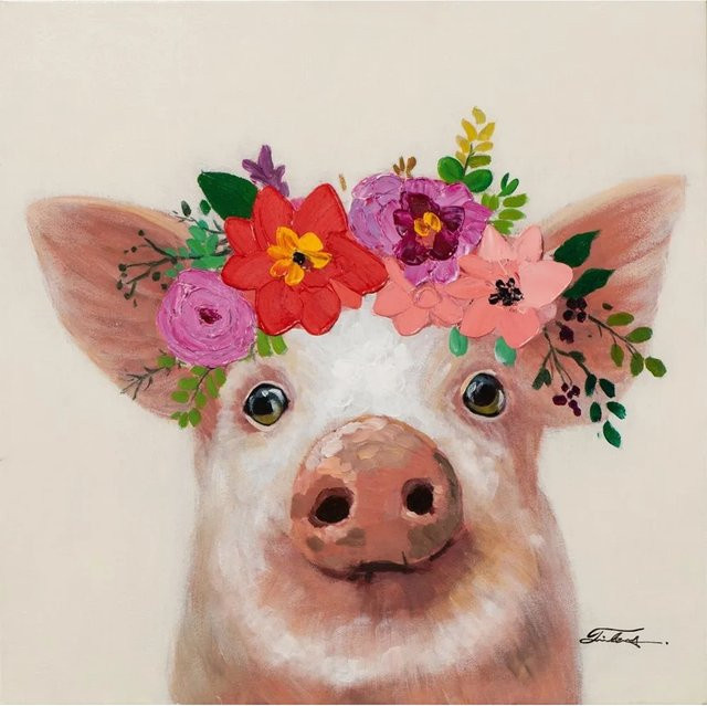 Art Universe Leinwandbild Kleines Schweinchen mit Blumen in Beige und Multicolour, B/H: 50 x 50 cm - Bild 1
