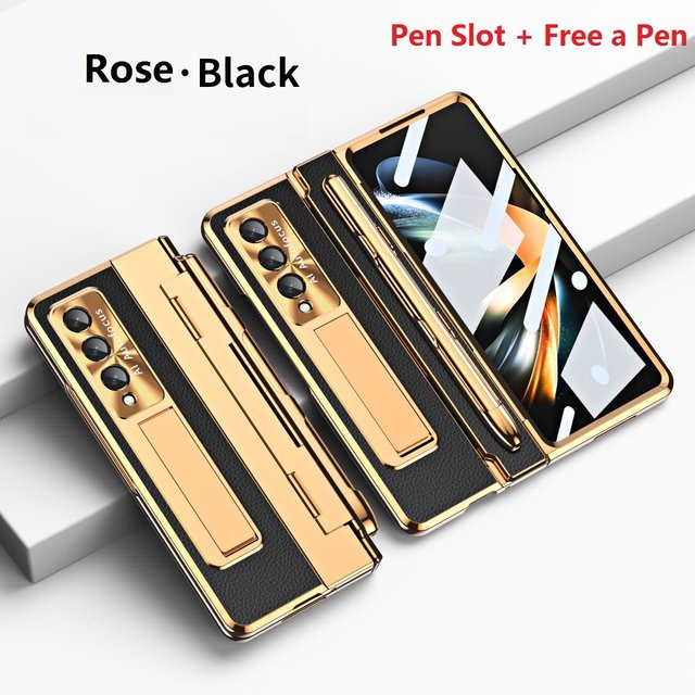 Samsung Galaxy Z Fold 3 4 5 Schutzhülle aus Leder mit Stiftschlitz, Glasfolie und Scharnierschutz in Pink - Bild 1