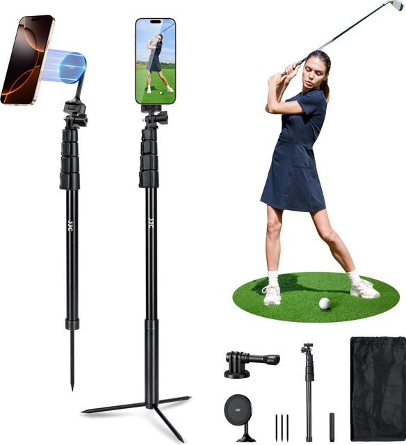 JJC Golf Einbeinstativ Selfie Stick mit Erdspießpfählen und magnetischem Stativständer in Schwarz für Golftraining und Videoaufnahmen mit iPhone oder Osmo 360 - Bild 1