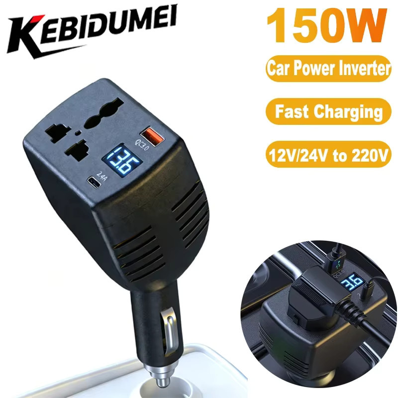 kebidumei Wechselrichter Auto-Stromadapter 150W mit Display und USB-C Ladegerät, DC 12V 24V zu AC 220V, Schwarz - Bild 5