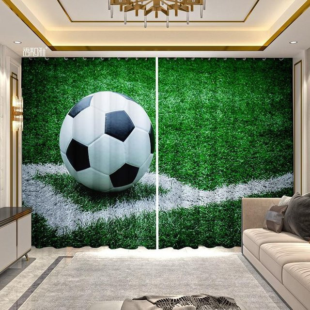 2-teiliger halbtransparenter Vorhang mit Fußball-Print von Yiran Furniture, Farbe Grün, B: 100 cm, H: 160 cm - Bild 1