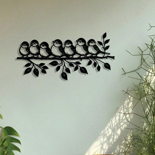 CIFBUY Wandskulptur Sieben Vögel auf Ast aus schwarzem Metall im modernen Stil - Bild 1