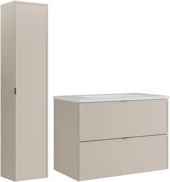 Vente-unique Badmöbel-Set Ondil Beige bestehend aus Waschbeckenunterschrank mit Einbauwaschbecken und Hochschrank B/T/H: 80 x 45 x 60 cm - Bild 1
