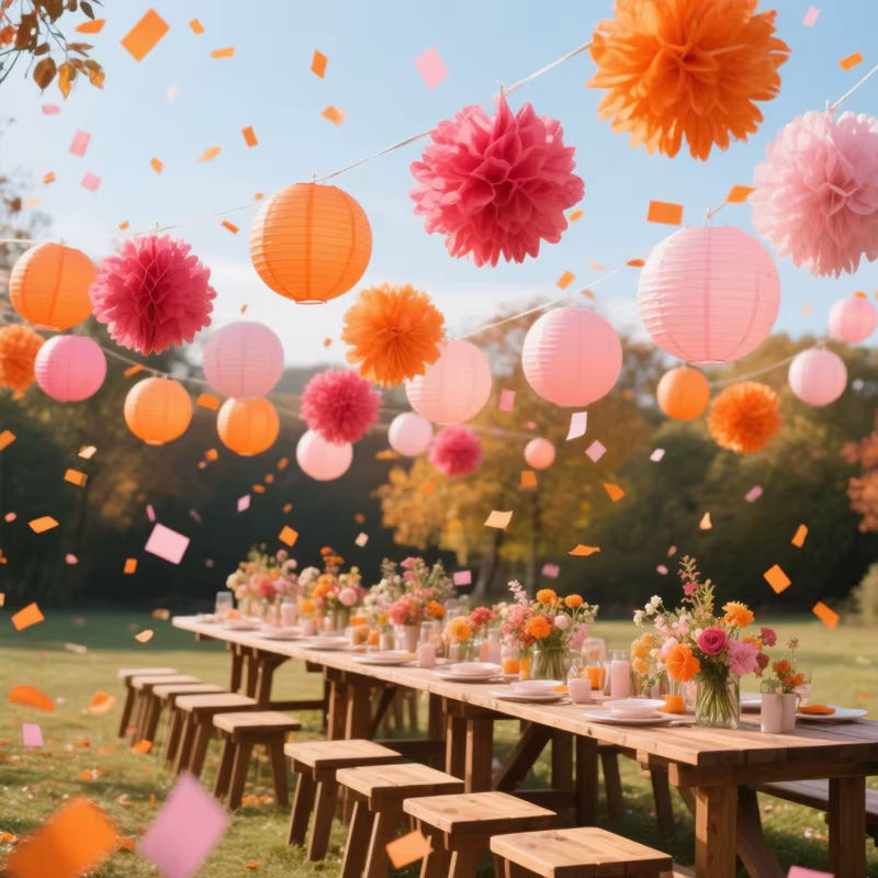 14-teiliges Herbst-Papierlaternen-Set mit Tissue-Pom-Poms in Mehrfarbig, runde hängende Papierdekoration für Hochzeit, Geburtstag und Party - Bild 3