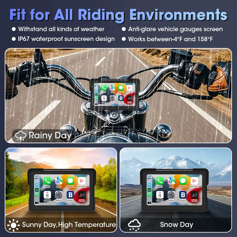 Jansite Motorrad Dashcam mit 4K/1080P DVR, GPS Navigation, Wireless CarPlay und Android Auto, inkl. TPMS, Farbe: Schwarz - Bild 3
