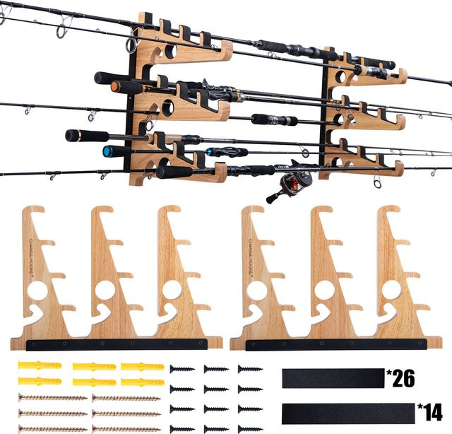 Goture Angelruten-Aufbewahrungsregal aus Massivholz in Braun, dreistufiger Wandmontage-Angelrutenhalter mit Fixierrolle - Bild 1
