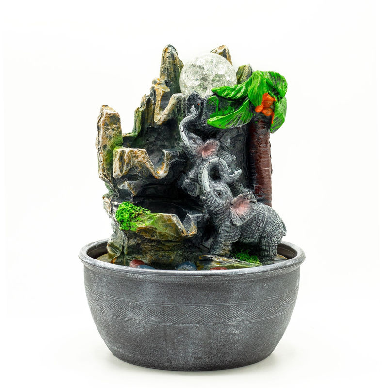 SHAMTAM Tischbrunnen Elefanten und Palme in Grau aus Harz, Höhe: 25 cm, Breite: 25 cm, Tiefe: 25 cm - Bild 2