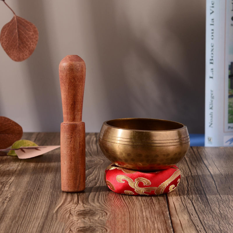 Muslady Tibetisches Klangschalen-Set für Meditation aus Metall in Gold mit Kissen und Holzschlägel, Durchmesser: 8 cm - Bild 6