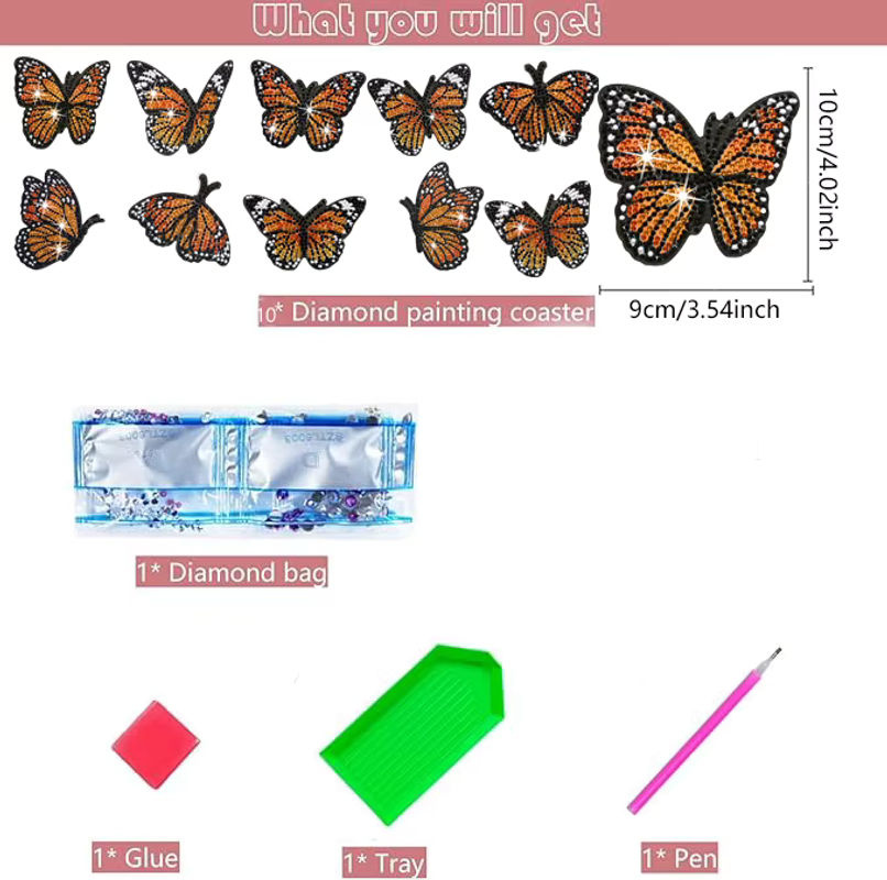 10-teiliges DIY-Diamant-Malerei-Kunstset mit Schmetterlingsmuster und Untersetzern in Mehrfarbig, Mosaik-Handwerk aus Kunststoff mit Kristall-Effekt - Bild 2