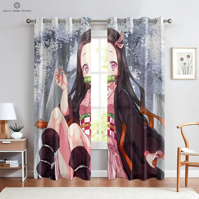 Yiran Furniture Vorhänge mit japanischen Cartoon-Prints für Kinder, 2er-Set, halbtransparent, Mehrfarbig, Breite: 140 cm, Höhe: 180 cm - Bild 1
