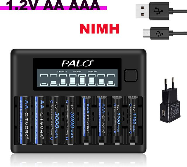 CITYORK Akku-Set mit 1,2V Ni-MH AA 3000mAh und AAA 1100mAh sowie 8-Slot-LCD-USB-Ladegerät in Schwarz - Bild 1