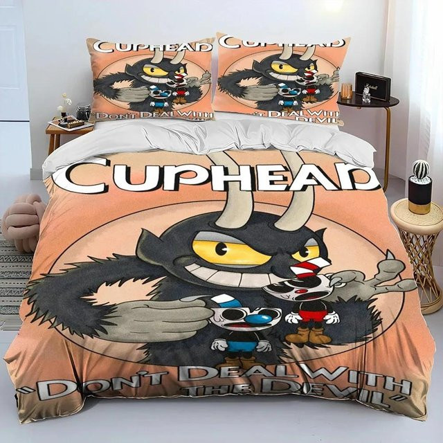 Cuphead und Mugman Gamer Bettwäscheset aus Mikrofaser mit Motivdruck, bestehend aus Bettbezug und Kissenbezug, Mehrfarbig, B/H: 133 x 70 cm - Bild 1