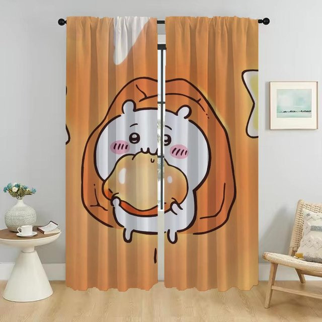 Chiikawa Vorhänge aus Tüll für Wohnzimmer und Schlafzimmer, 2er-Set, Orange, Breite: 50 cm, Höhe: 70 cm - Bild 1