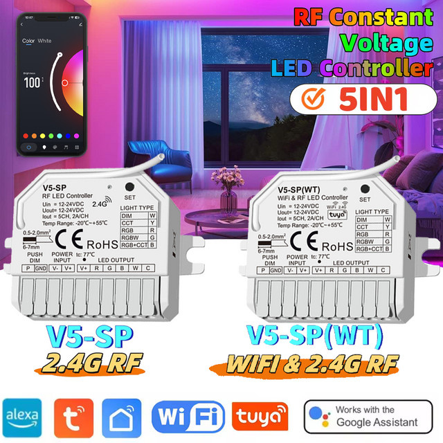 YSRSAI Tuya WIFI Mini 5 in 1 LED Streifen Controller für RGBW, Dimmer mit Touch Schalter, DC12V-24V, 5CH 2A, Farbe: Weiß - Bild 1