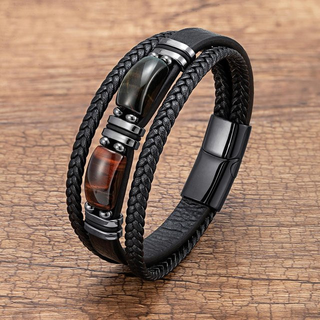 Armband, geflochtenes Leder, Tigerauge-Stein, Edelstahl, Herren, 21cm - Bild 1