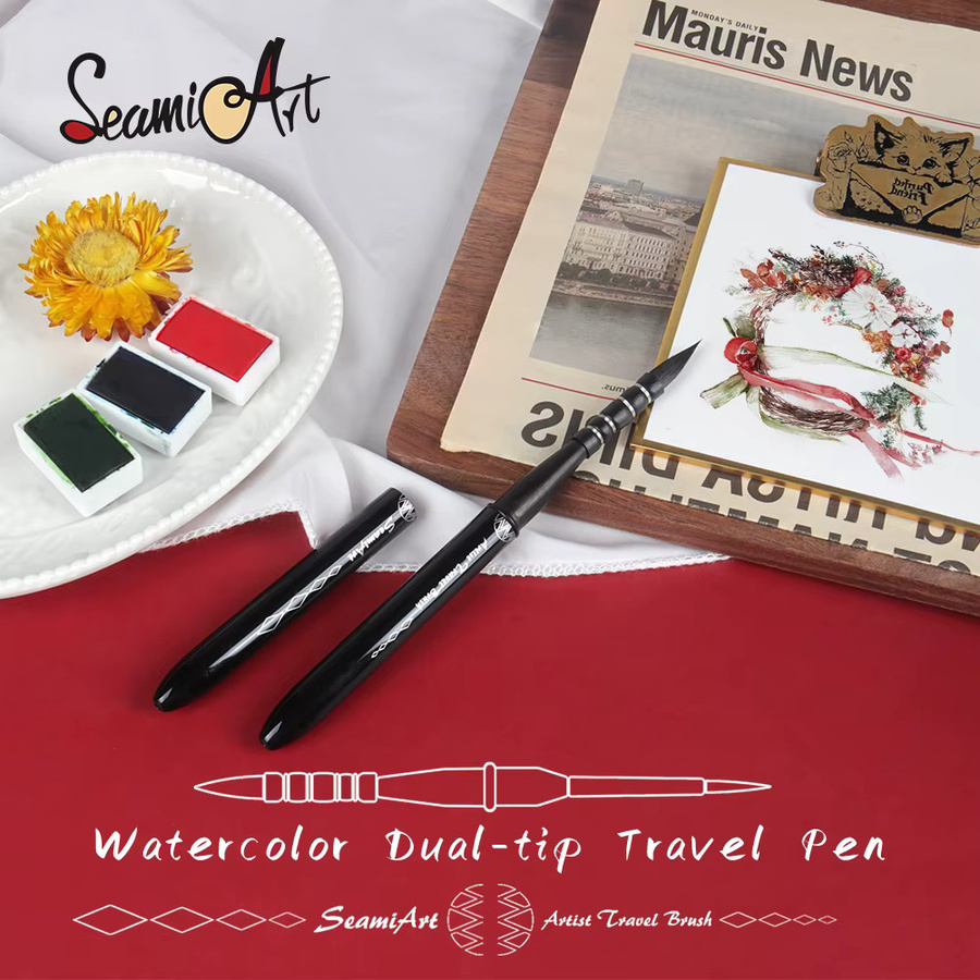 SeamiArt Künstler-Reisepinsel mit zwei Spitzen aus Eichhörnchenhaar für Aquarell und Kunstbedarf, Schwarz - Bild 2