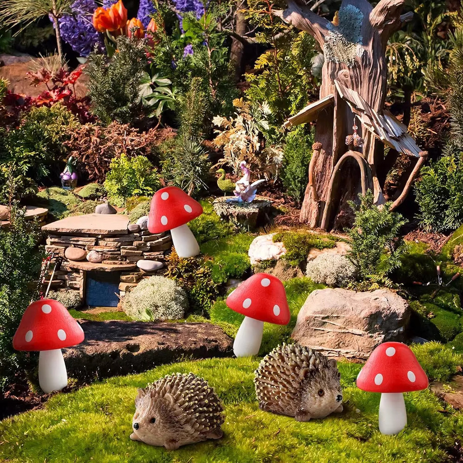 MICROUND Outdoor Fairy Wild Garden Deko-Set mit Igel aus Harz und Holz-Pilzen in Mehrfarbig für Bonsai und Pflanzen-Miniaturen - Bild 6