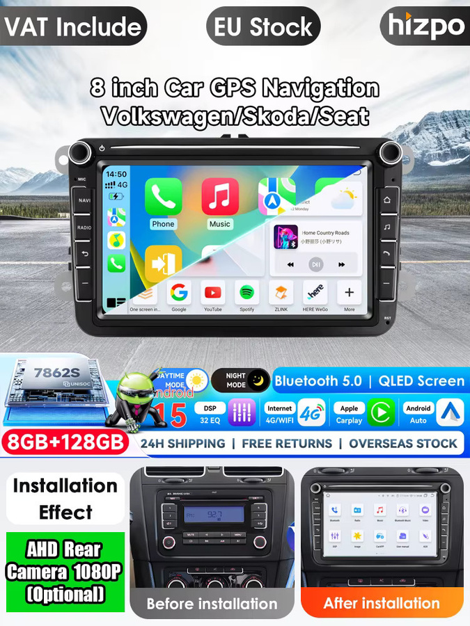 Hizpo 8-Zoll Android Autoradio mit GPS und Carplay für VW Volkswagen Golf Polo Skoda Rapid Octavia Tiguan Passat B7 Jetta, Schwarz - Bild 7
