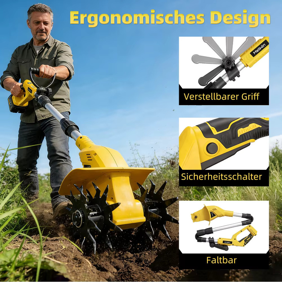 MELLWIN Akku-Gartenfräse und Rototiller in Gelb, passend für Makita LXT 18V Akkus - Bild 4
