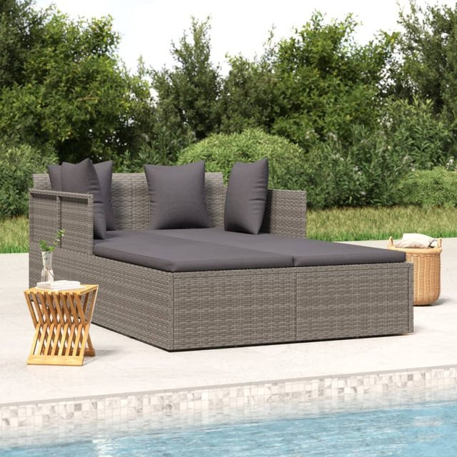 vidaXL Sonnenliege aus Polyrattan mit Kissen in Grau, B/T/H: 182 x 118 x 63 cm - Bild 3