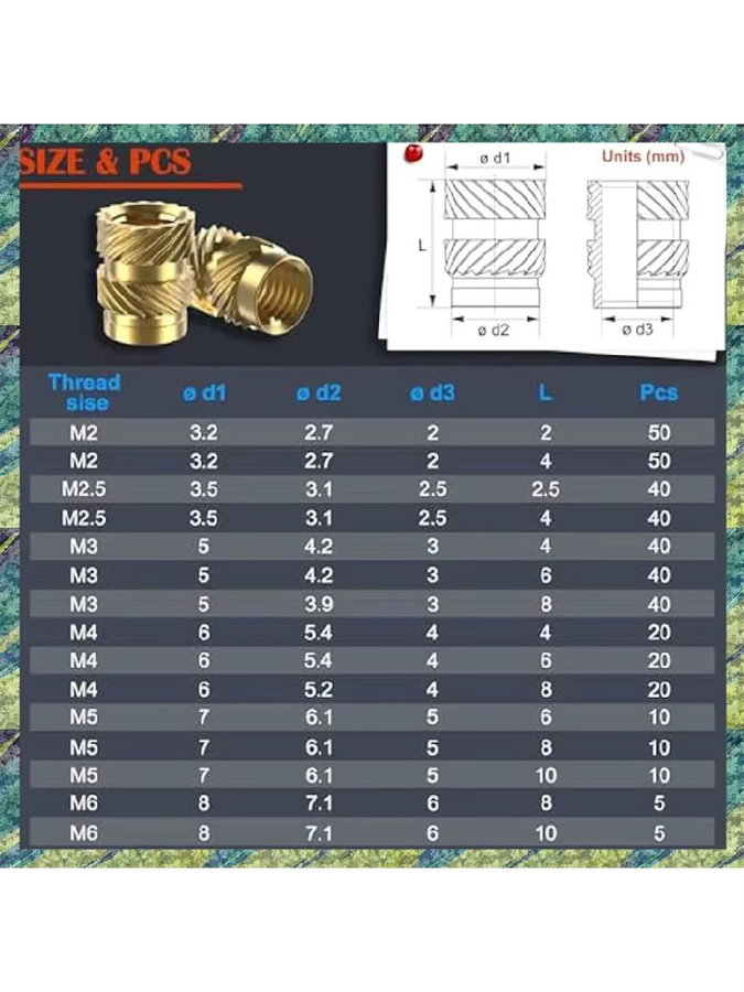 Nana Gewindeeinsätze Sortiment mit 400 Stück für Kunststoff und 3D-Druck, Wärmesatz-Kit mit M2, M2,5, M3, M4, M5 und M6 Gewinden - Bild 5