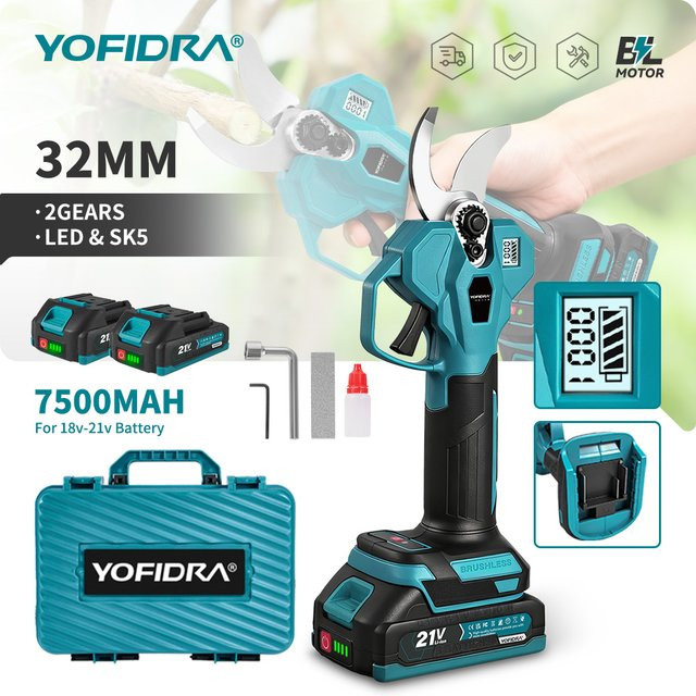 YOFIDRA bürstenlose elektrische Gartenschere mit 32 mm Schneidkapazität, kabellose Obstbaumschere mit 2 Gängen für Makita 21 V Akku-Pins - Bild 1