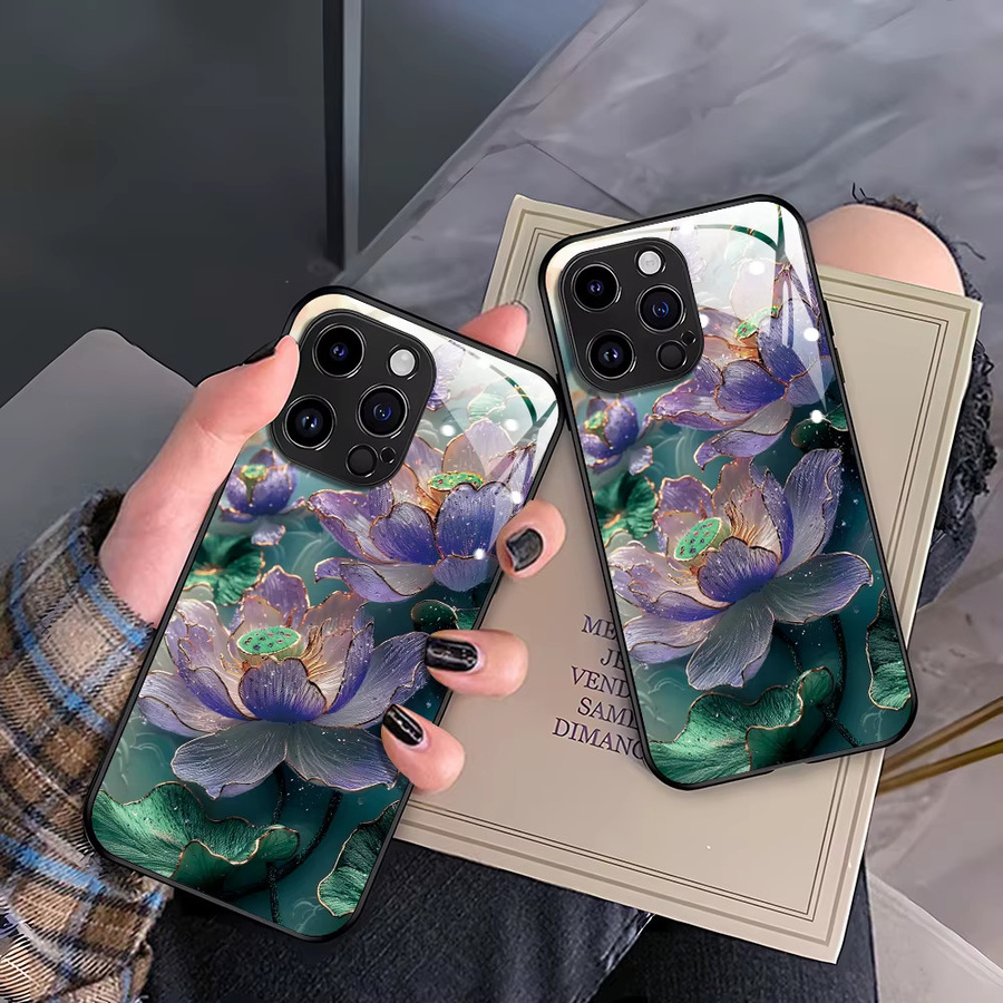 Handyhülle mit gehärtetem Glas und Lotusblumen-Design für Apple iPhone 17 Pro Max, 16 Pro Max, 15, 14, 13, 12 und 16E in Multicolour - Bild 6