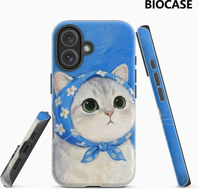 Daisy Scarf Kitty Handyhülle für iPhone 17 16 15 14 13 12 Pro Max Plus mit doppelschichtiger Rückseite in Blau - Bild 1