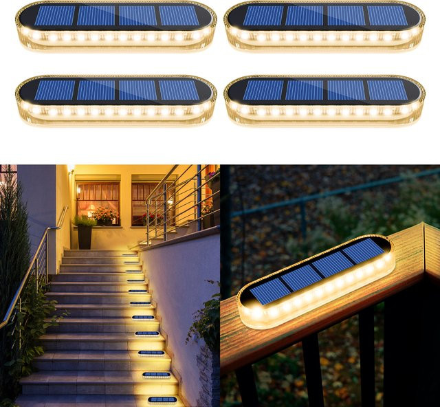 Yilaie 4er-Pack Solar-Deckleuchten für den Außenbereich, wasserdicht IP68, selbstklebend, warmweiß, Farbe: Weiß - Bild 1