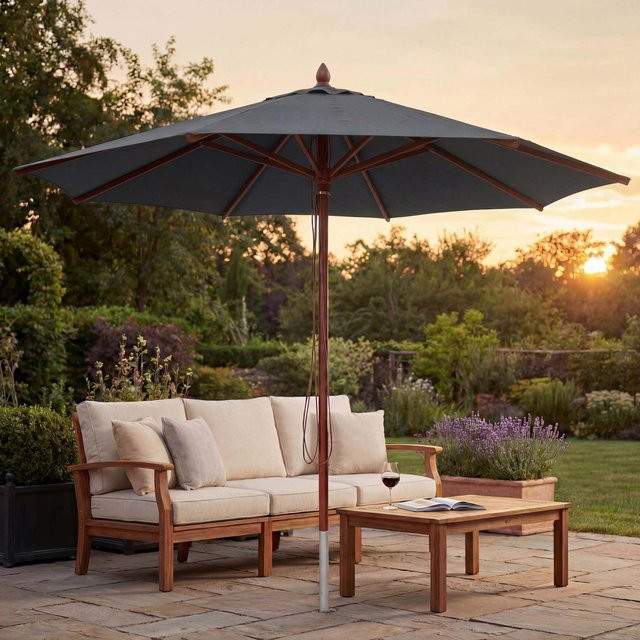 MCW Gastronomie Holz-Sonnenschirm C57b aus Meranti und Polyester in Anthrazit mit Seilzug und Ø 400 cm - Bild 1
