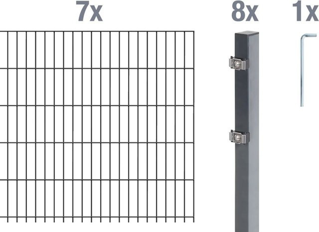 Metallzaun Doppelstabmatte Grund-Set aus Stahl, feuerverzinkt, Farbe: Silber, B/H: 200 x 100 cm, Gesamtlänge: 7 m - Bild 1